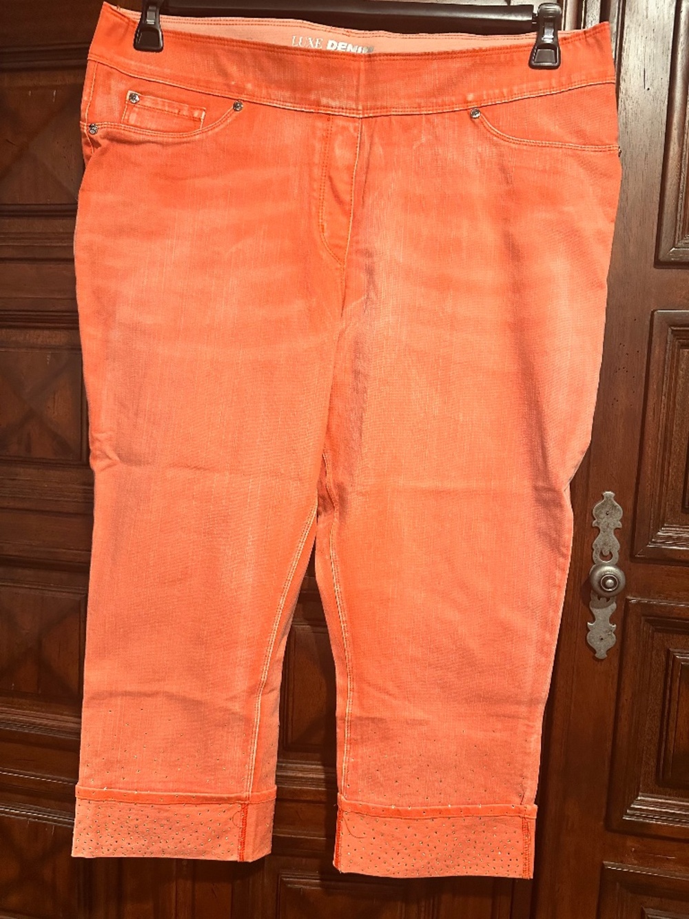 LUXE DENIM Size XL 18-20 Rhinestone Sparkle Cuff CAPRI 4 Way STRETCH ORANGE